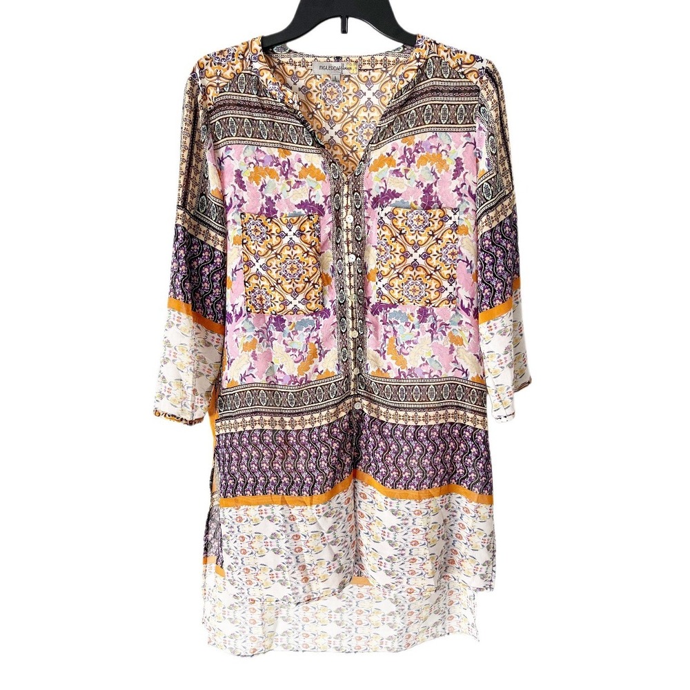Figueroa & Flower Bohemian Patchwork Button Down Flowy Tunic Top Size Large